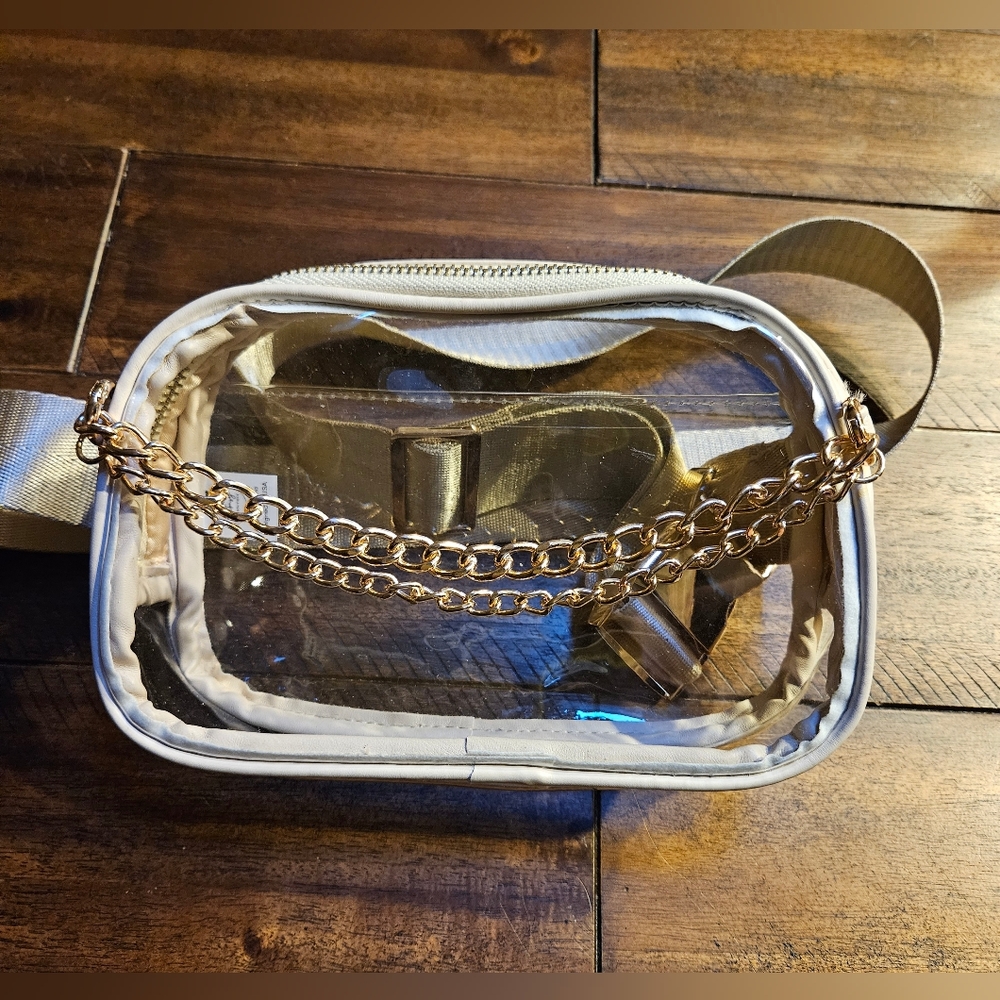 Gold stadium approved clear belt bag with gold chain
